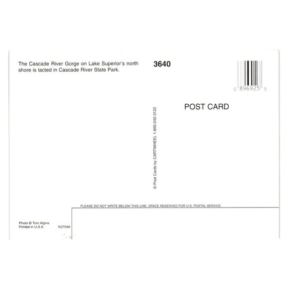 Cascade River Gorge Lake Superior Postcard Tom Algine Waterfall Nature Roadside - Picture 2 of 2